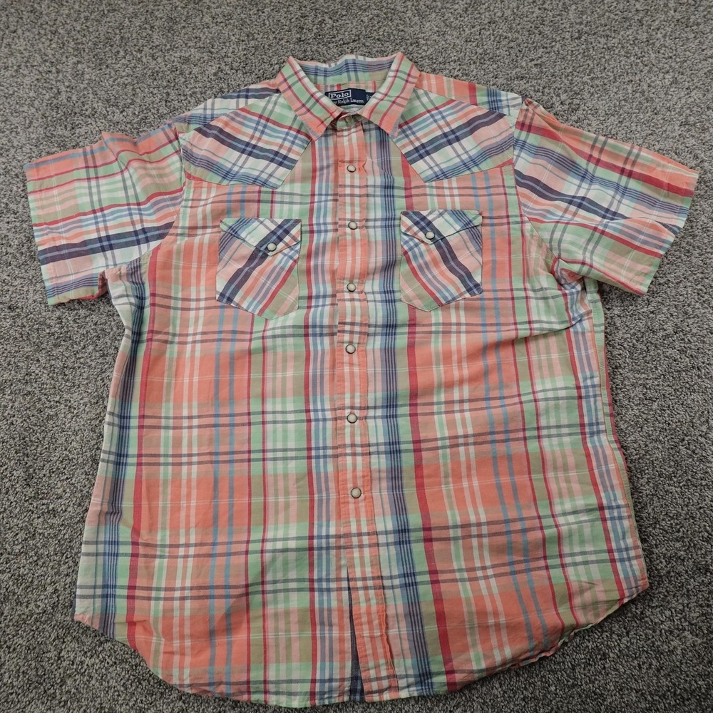 VTG Polo Ralph Lauren Shirt Mens XL Madras Plaid Linen Western Pearl Snap Rodeo - Picture 2 of 10
